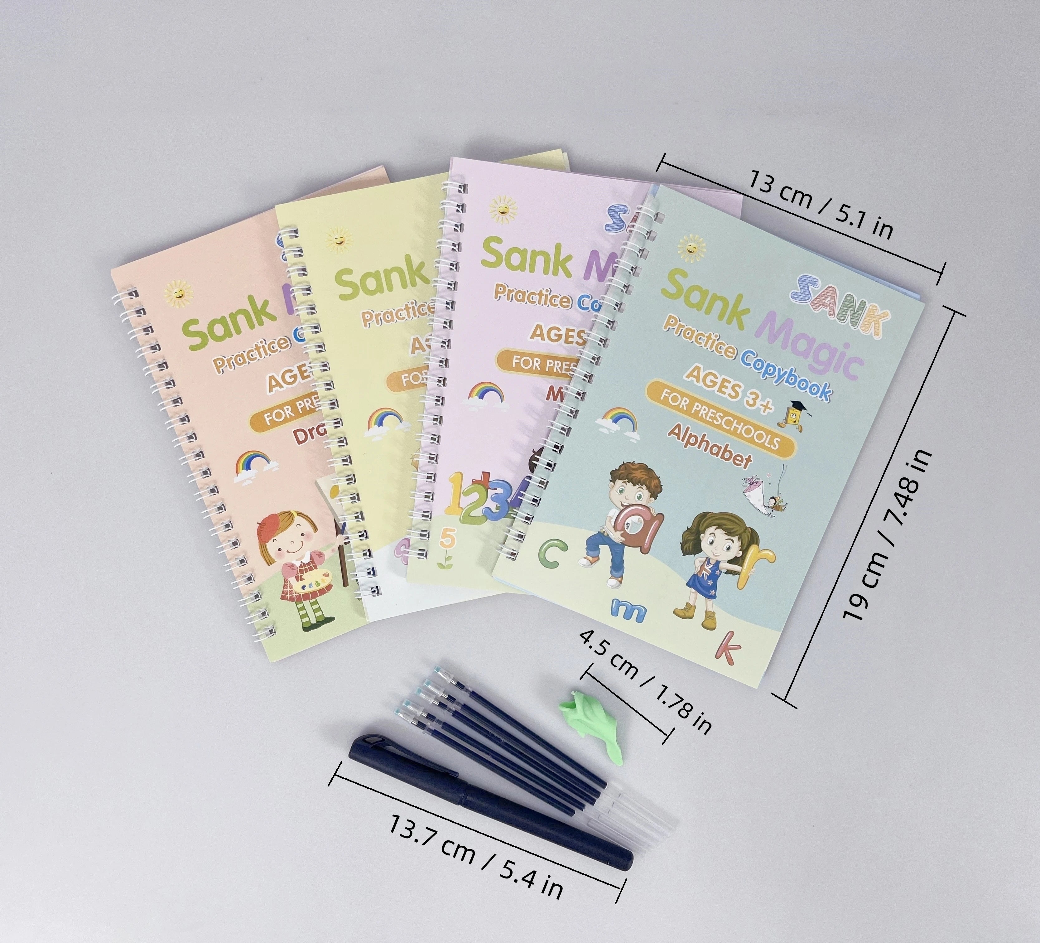 Sank Magic Practice Copybook for Kids (4 BOOK + 10 REFILL+ 1 Pen +1 Grip) | Reusable Handwriting Book Set