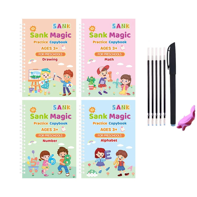 Sank Magic Practice Copybook for Kids (4 BOOK + 10 REFILL+ 1 Pen +1 Grip) | Reusable Handwriting Book Set